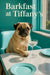 Pug sitting at a turquoise café table with a coupe glass and matching plates in bright sunlight