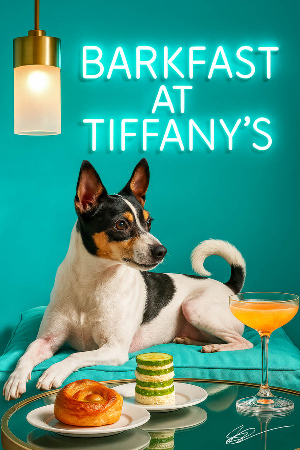 Rat Terrier reclining on a turquoise cushion at a reflective café table with a swirl pastry cucumber tower and peach cocktail