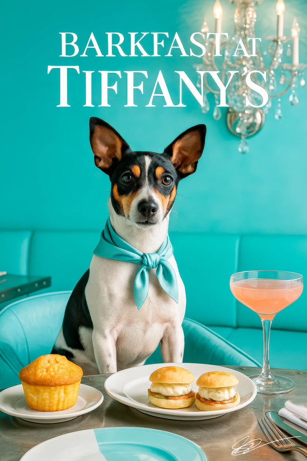 Rat Terrier wearing a turquoise scarf seated at a turquoise banquette by a metal café table with a muffin, two mini egg salad sliders, and a peach cocktail under a crystal chandelier