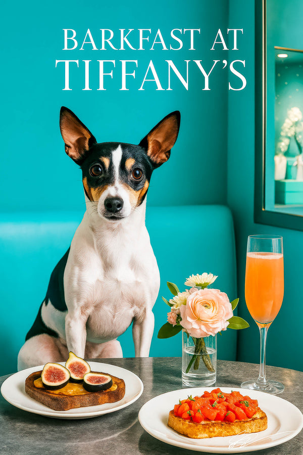 Rat Terrier seated on a turquoise banquette beside a metal café table with fig-topped toast, tomato toast, a peach cocktail in a flute and a small vase of pink roses