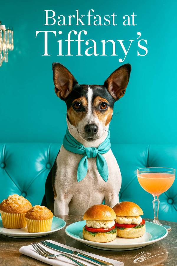 Rat Terrier wearing a turquoise scarf seated on a teal banquette beside a metal café table with a crumb-topped muffin, two mini egg salad sliders, and a peach cocktail beneath a crystal chandelier