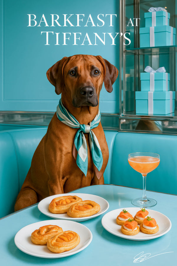 Rhodesian Ridgeback wearing a striped turquoise and cream scarf seated on a tufted Tiffany blue banquette in front of glass shelves of matching gift boxes