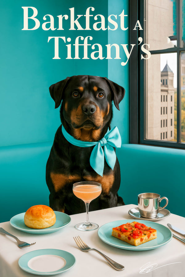 Rottweiler wearing a turquoise scarf seated on a Tiffany blue banquette beside a large window overlooking a city street
