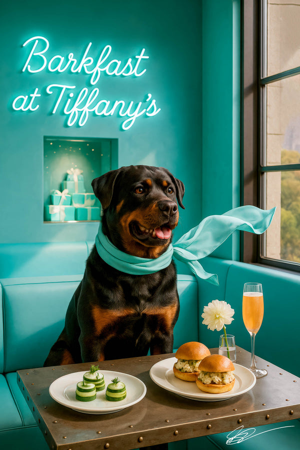 Rottweiler wearing a turquoise scarf seated on a tufted teal banquette under a glowing neon Barkfast sign in a chic café setting