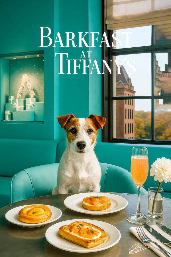 Russell Terrier seated on a Tiffany-blue armchair beside a large café window overlooking city buildings