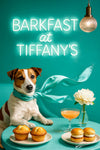 Jack Russell Terrier wearing a flowing turquoise scarf seated on a matching banquette beneath a glowing neon Barkfast at Tiffany’s sign in a chic café interior