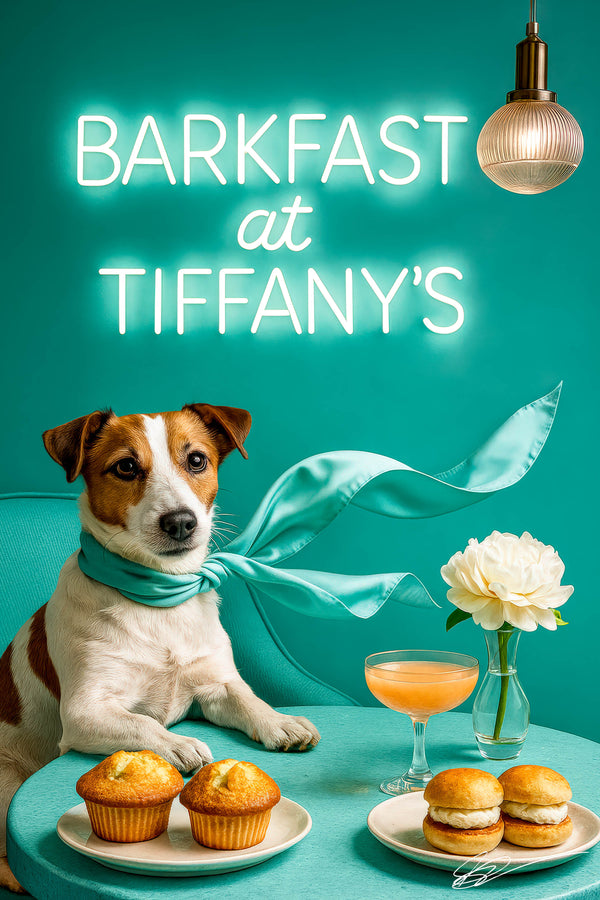 Jack Russell Terrier wearing a flowing turquoise scarf seated on a matching banquette beneath a glowing neon Barkfast at Tiffany’s sign in a chic café interior