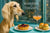 Slender Saluki seated on a tufted turquoise banquette with a softly lit bokeh-speckled display window in an upscale café interior