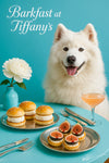 Fluffy Samoyed seated on a turquoise banquette beneath a large café window in a sleek interior