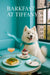 Fluffy Samoyed wearing a turquoise scarf seated on a tufted teal banquette beside a large café window showing city buildings