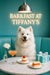 Fluffy Samoyed seated under a neon Barkfast at Tiffany’s sign on a turquoise café banquette