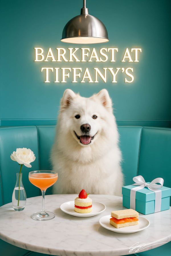 Fluffy Samoyed seated under a neon Barkfast at Tiffany’s sign on a turquoise café banquette