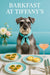 Whiskered Schnauzer wearing a turquoise scarf seated on a teal café banquette beside a vase of pastel flowers