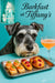 Close-up portrait of a gray Schnauzer with expressive eyes against a Tiffany-blue café backdrop