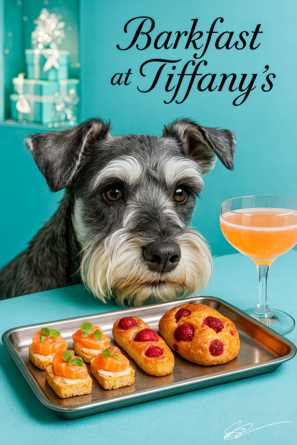 Close-up portrait of a gray Schnauzer with expressive eyes against a Tiffany-blue café backdrop