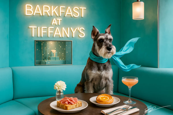 Schnauzer wearing a flowing blue scarf in a turquoise booth beside a table with ham toast citrus swirl pastry peach cocktail and glowing neon sign