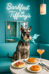 Schnauzer draped in a blue scarf seated in a turquoise booth under a glowing neon sign beside a marble table with ham toast citrus swirl pastries and a peach cocktail