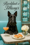 Black Scottish Terrier seated in a turquoise booth beside a table with smoked salmon toast a peach cocktail and a white flower in a glass vase under a neon Barkfast at Tiffanys sign
