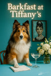 Shetland Sheepdog perched at a turquoise table beside a peach cocktail in a coupe glass and a white flower in a glass vase under neon lighting