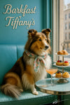 Shetland sheepdog wearing a pastel floral scarf sitting on a turquoise banquette beside a three-tier pastry stand and a pink brunch cocktail by a café window