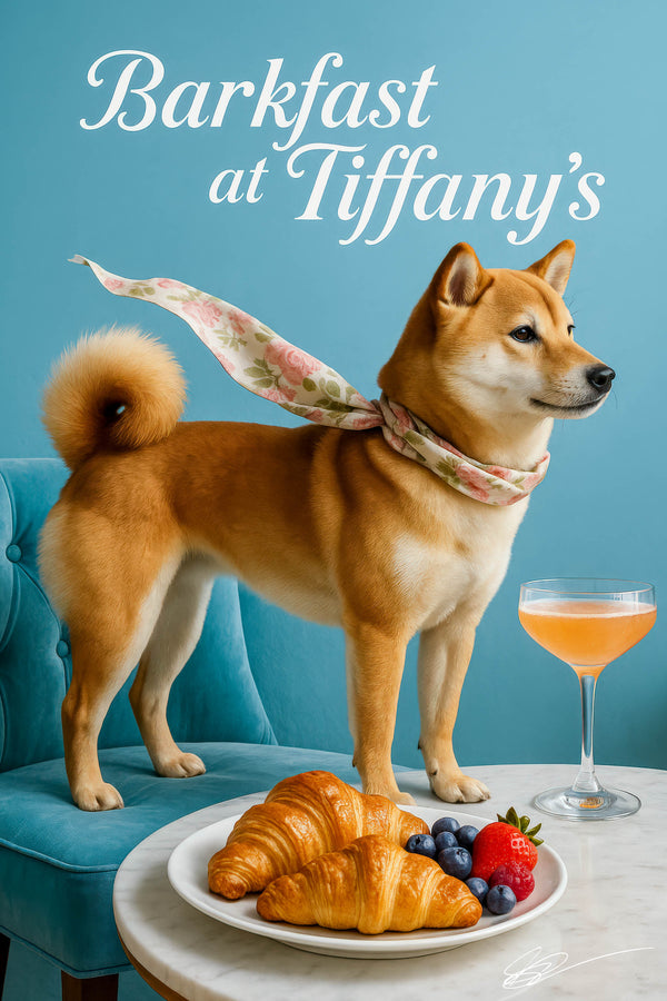 Shiba Inu wearing a floral scarf standing on a turquoise banquette beside a marble table with croissants blueberries strawberry and a pink brunch cocktail
