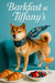 Shiba Inu wearing a navy floral scarf standing on a turquoise banquette beside a marble table with croissants bowl of berries and a pink brunch cocktail