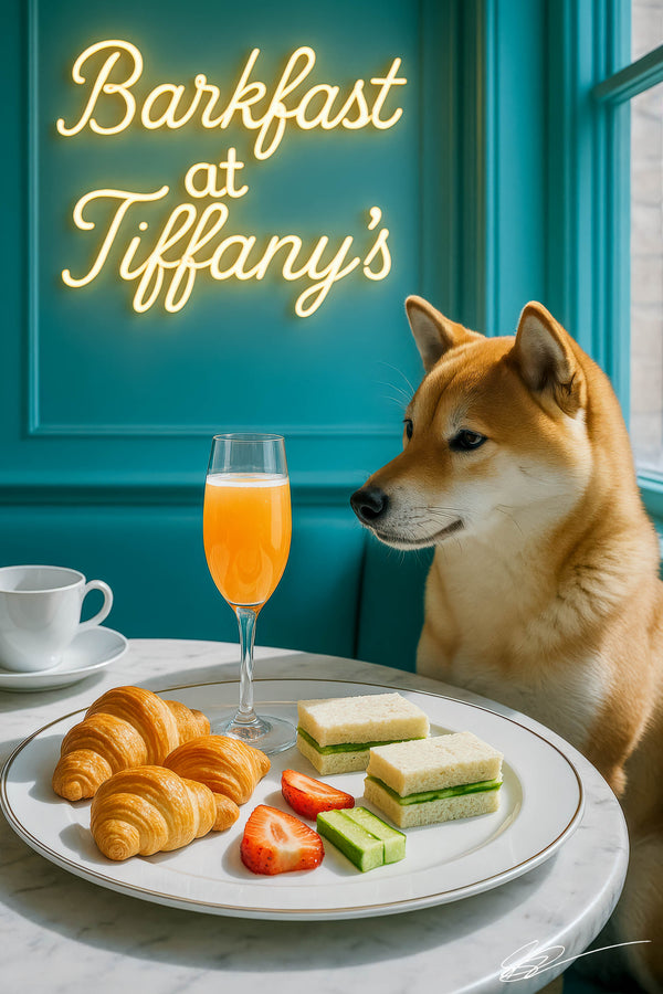 Shiba Inu seated on a turquoise banquette beside a marble table with buttery croissants cucumber tea sandwiches strawberries cucumber sticks and an orange mimosa