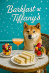 Shiba Inu seated on a woven café chair against a constellation patterned teal wall beside a marble table with glass cups of mixed fruit finger sandwiches and a peach cocktail