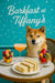 Shiba Inu seated on a woven café chair against a constellation patterned teal wall beside a marble table with glass cups of mixed fruit finger sandwiches and a peach cocktail