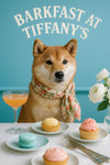 Shiba Inu wearing a pastel floral scarf seated at a white marble table with a turquoise macaron lemon tart pink cupcake mini tart pink cocktail silver cutlery and white flowers against a turquoise banquette