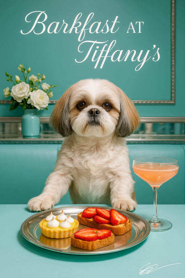 Shih Tzu resting paws on a turquoise table with a lemon tart topped with meringue kisses two strawberry pastry toasts and a pink brunch cocktail beside white blooms under a Barkfast at Tiffany’s sign
