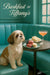 Shih Tzu seated on a turquoise banquette beside a black café table with pink macarons blackberries tea sandwiches and a peach brunch cocktail under a Barkfast at Tiffanys sign