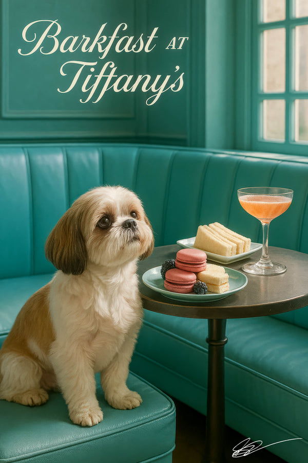 Shih Tzu seated on a turquoise banquette beside a black café table with pink macarons blackberries tea sandwiches and a peach brunch cocktail under a Barkfast at Tiffanys sign