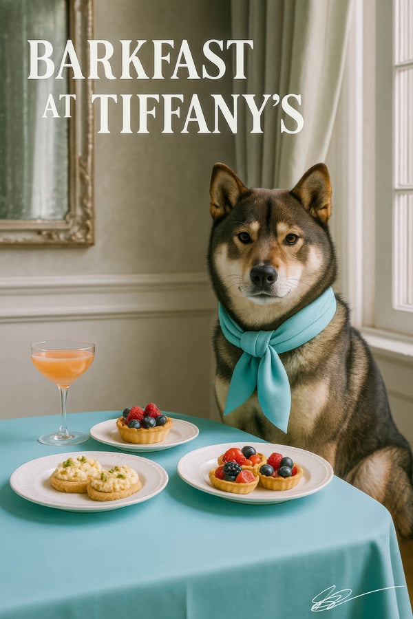 Shikoku dog wearing a turquoise scarf seated at a turquoise cloth-covered table with plates of egg salad tartlets fruit tarts and a peach brunch cocktail