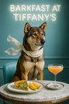 Shikoku wearing an ivory silk scarf seated at a marble table with a slice of spinach quiche melon wedges and a peach brunch cocktail under a neon Barkfast at Tiffanys sign