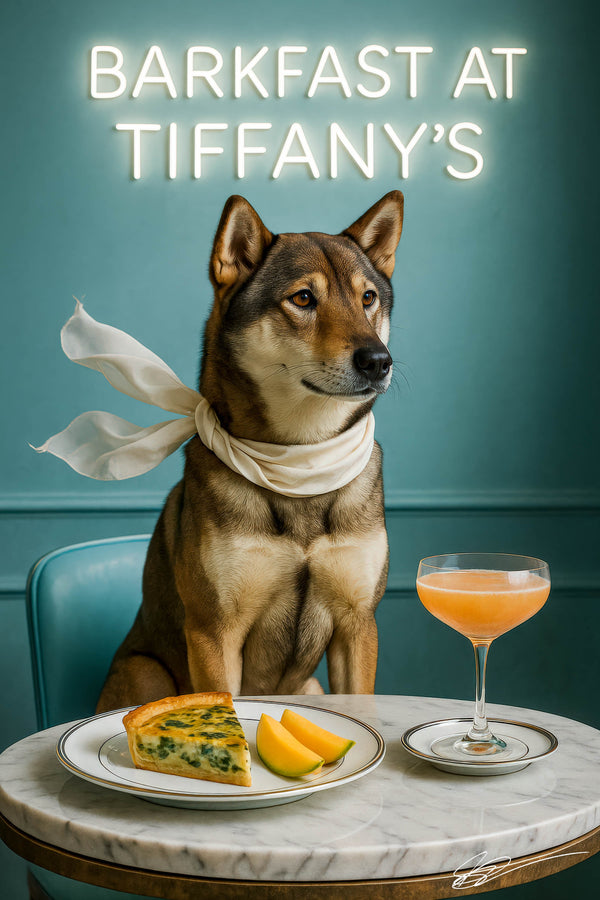 Shikoku wearing an ivory silk scarf seated at a marble table with a slice of spinach quiche melon wedges and a peach brunch cocktail under a neon Barkfast at Tiffanys sign