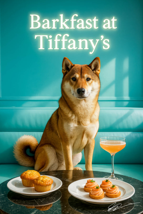 Shikoku wearing a turquoise silk scarf seated on a turquoise banquette behind a black café table with two muffins four tartlets topped with salmon mousse and a peach brunch cocktail