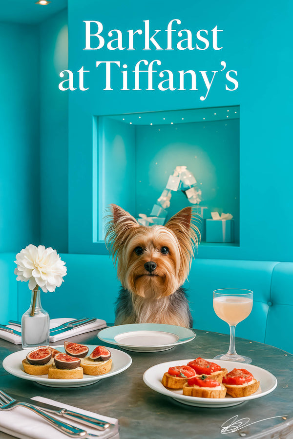 Silky Terrier seated at a turquoise banquette behind a metal table with fig-topped tartlets tomato tartines a peach brunch cocktail a white flower and Tiffany blue gift display