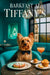 Silky Terrier wearing a black bow tie seated on a turquoise banquette with a slice of artisan toast topped with cottage cheese microgreens two honey-golden muffins and a peach brunch cocktail under crystal chandeliers