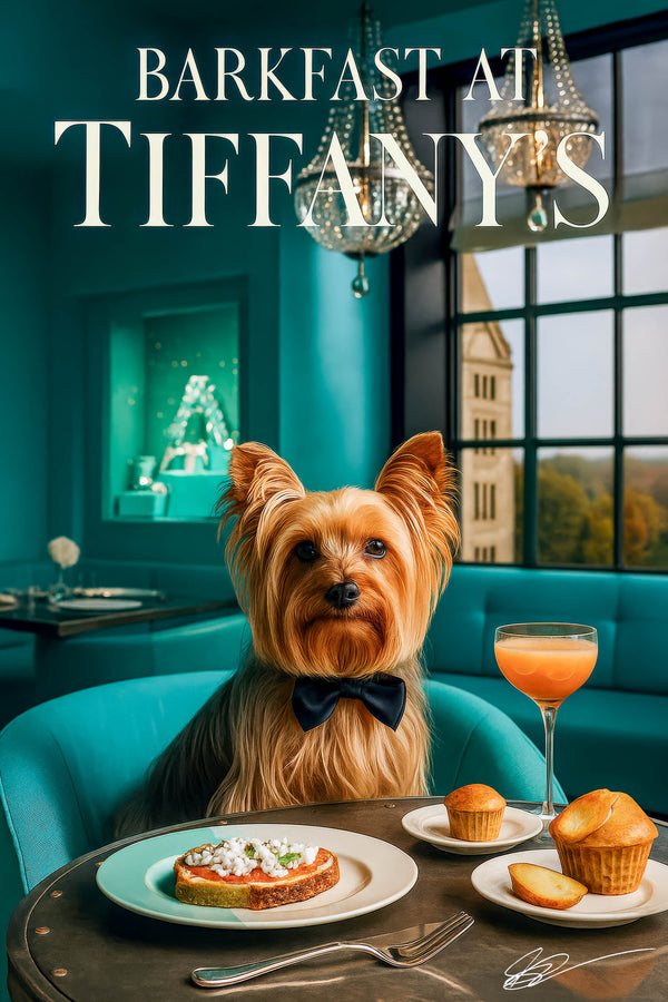 Silky Terrier wearing a black bow tie seated on a turquoise banquette with a slice of artisan toast topped with cottage cheese microgreens two honey-golden muffins and a peach brunch cocktail under crystal chandeliers