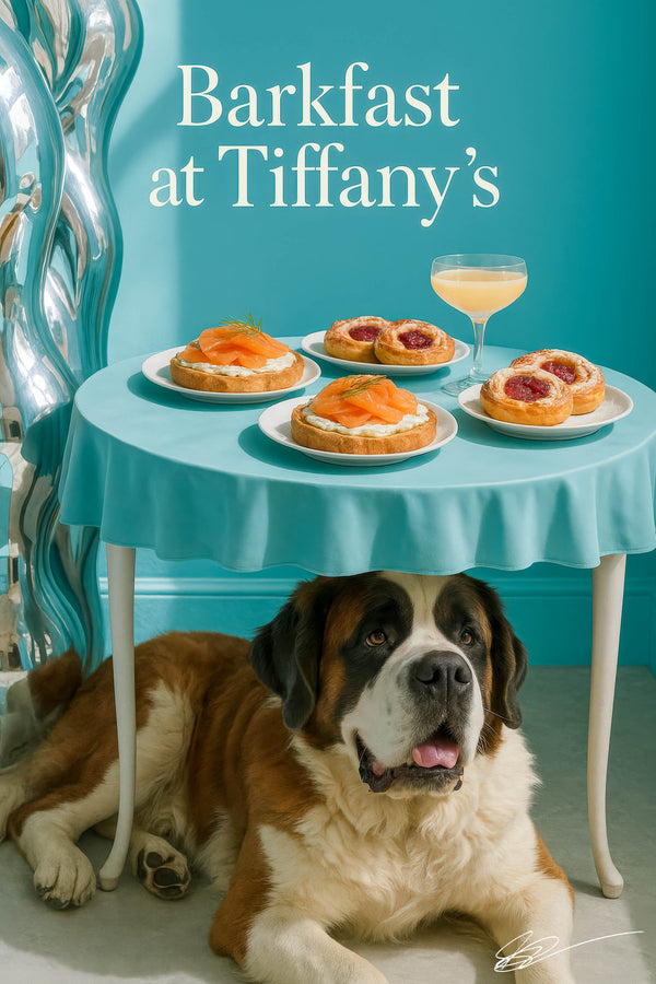 Saint Bernard reclining under a Tiffany-blue table in a chic café setting with sculptural accents