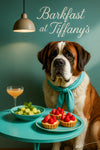 Saint Bernard wearing a turquoise scarf seated beside a turquoise table with melon cubes berry tartlets and a peach cocktail under a pendant lamp