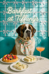Saint Bernard wearing a pastel floral scarf seated before a Tiffany-blue wall of gift boxes under soft natural light