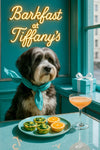 Tibetan Terrier wearing a Tiffany-blue scarf seated before a neon Barkfast at Tiffany’s sign in a chic café setting