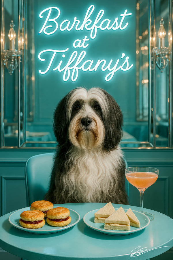 Tibetan Terrier wearing a Tiffany-blue silk scarf seated on a turquoise banquette beneath a neon Barkfast at Tiffany’s sign