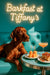 Sleek Vizsla with a russet coat lounging on a turquoise banquette beneath a neon Barkfast at Tiffany’s sign in a chic café setting