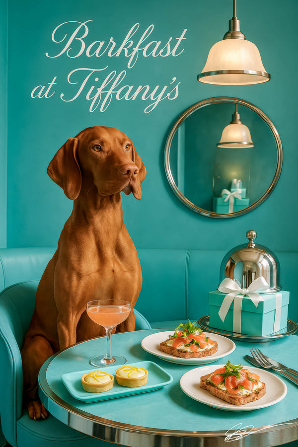 Vizsla seated on a turquoise banquette beside a Tiffany-blue gift box under a neon Barkfast at Tiffany’s sign
