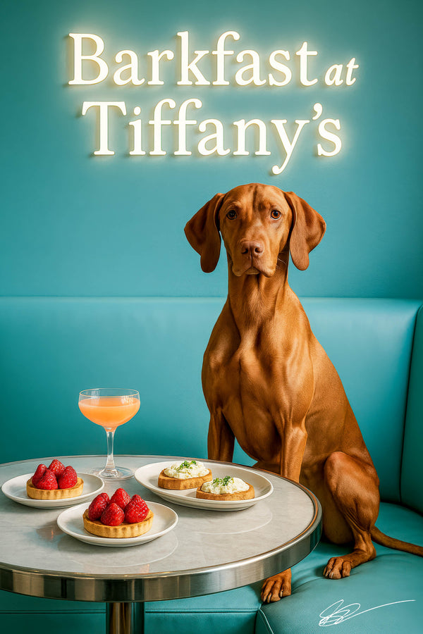 Sleek Vizsla seated on a turquoise banquette under a neon Barkfast at Tiffany’s sign