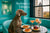 Weimaraner seated in an aqua café booth by a window overlooking a city tower with wrapped boxes in a recessed niche