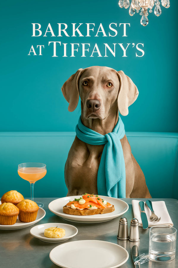 Weimaraner wearing an aqua scarf seated on a teal banquette beneath a glowing neon café sign